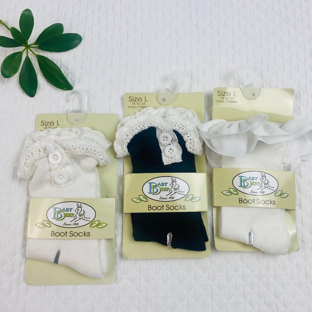 NWT Baby Deer White Black Boot Socks Lace Buttons Bundle of 3 Large